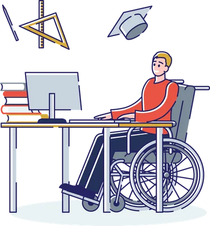 Un étudiant handicapé suit un cours en ligne à distance  Illustration
