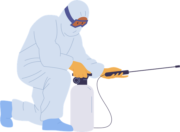 Un employé du service de nettoyage portant un masque respiratoire de protection et un uniforme fait en sorte que l'assainissement désinfecte la surface  Illustration