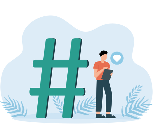 Un employé publie une publicité sur les réseaux sociaux en utilisant un hashtag  Illustration