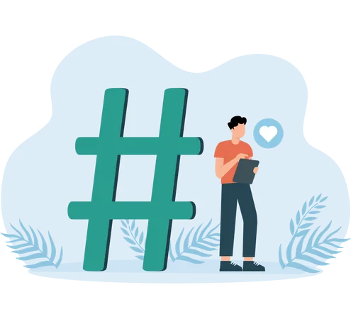 Un employé publie une publicité sur les réseaux sociaux en utilisant un hashtag  Illustration