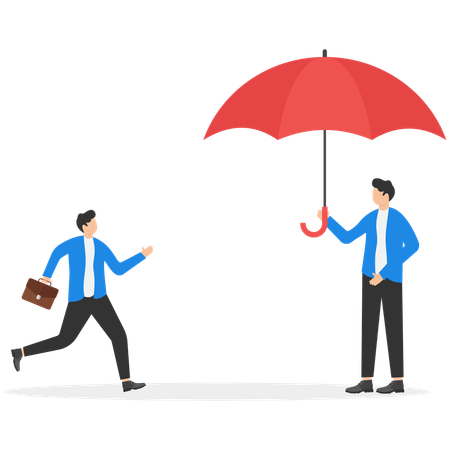 Un employé rencontre un parapluie en quête de protection  Illustration