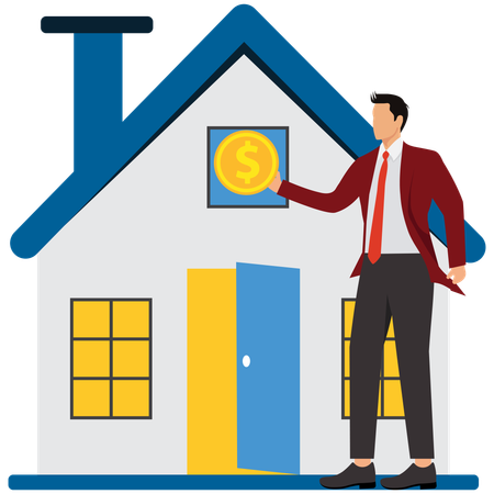 Un hombre de negocios que toma dinero para pararse junto a una casa con el techo abierto  Ilustración