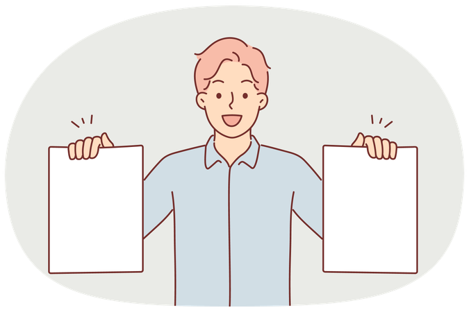 Un hombre de negocios sostiene dos hojas de papel en blanco y ofrece hacer una elección o un plan de creación para la empresa.  Ilustración