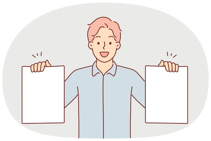 Un hombre de negocios sostiene dos hojas de papel en blanco y ofrece hacer una elección o un plan de creación para la empresa.  Ilustración