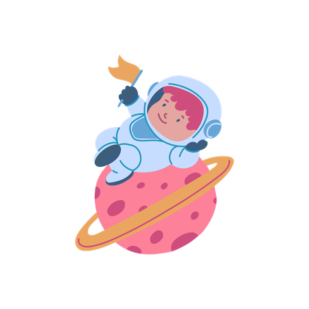 Un mignon petit cosmonaute repose sur la planète Saturne  Illustration