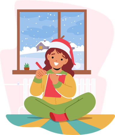 Un enfant écrit avec impatience une lettre sincère au Père Noël  Illustration