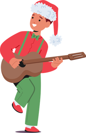 Un enfant garçon dans un costume de Noël festif gratte une guitare avec joie  Illustration