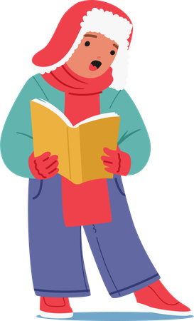 Un enfant joyeux avec un sourire éclatant chante des chants de Noël réconfortants  Illustration