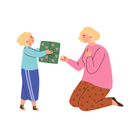 Un enfant mignon offre un cadeau à sa mère  Illustration