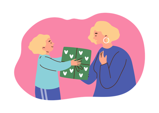 Un enfant offre un coffret cadeau à sa mère à l'occasion de la fête des Mères  Illustration
