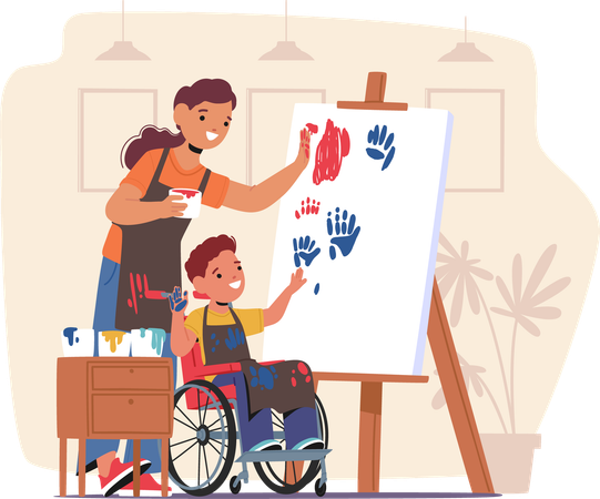 Une enseignante dévouée aide un enfant joyeux en fauteuil roulant à faire de la peinture  Illustration