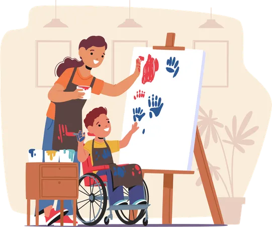 Une enseignante dévouée aide un enfant joyeux en fauteuil roulant à faire de la peinture  Illustration