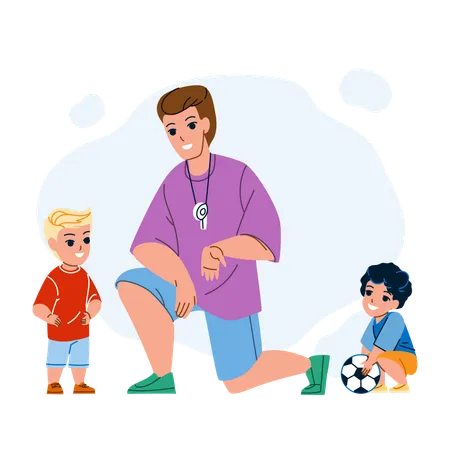 Un entraîneur de football entraîne des enfants dans un stade  Illustration