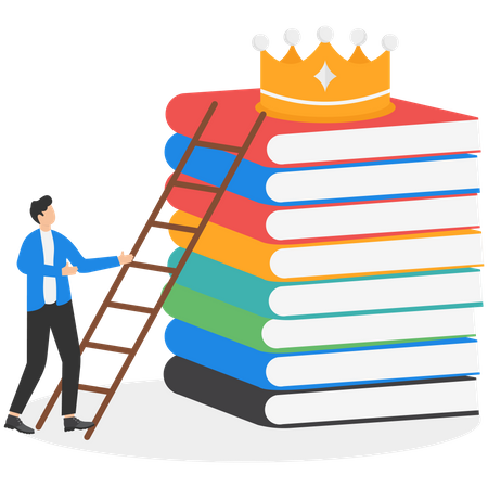 Un entrepreneur s'approche d'une pile de livres  Illustration
