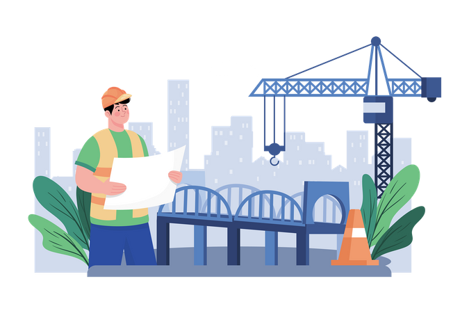 Un entrepreneur supervise la construction d’un pont sur un grand fleuve  Illustration