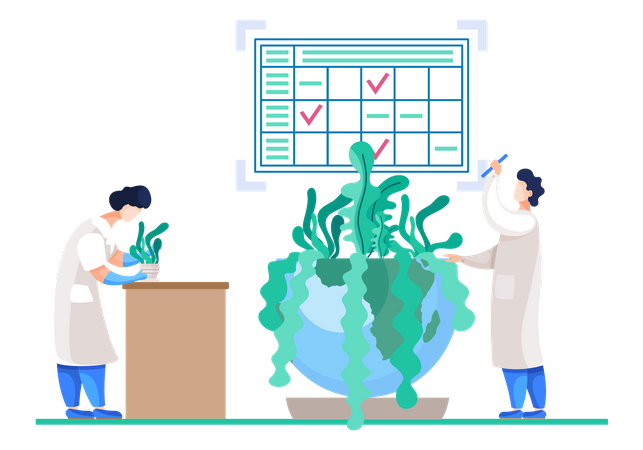 Un equipo científico experimenta con plantas  Ilustración