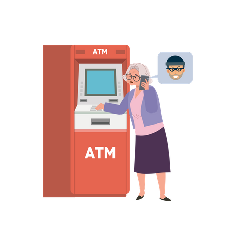 Un escroc trompe une femme âgée pour qu'elle transfère de l'argent à un distributeur automatique  Illustration