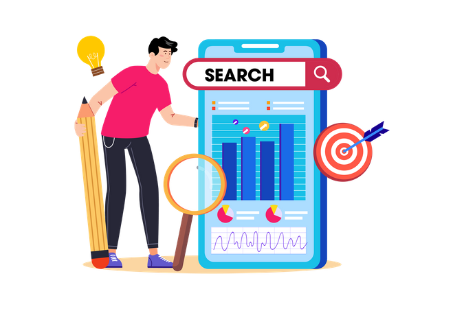 Un especialista en SEO analiza la analítica de sitios web para mejorar la clasificación en los motores de búsqueda  Ilustración