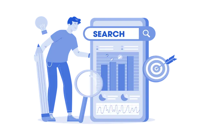 Un especialista en SEO analiza la analítica de sitios web para mejorar la clasificación en los motores de búsqueda  Ilustración
