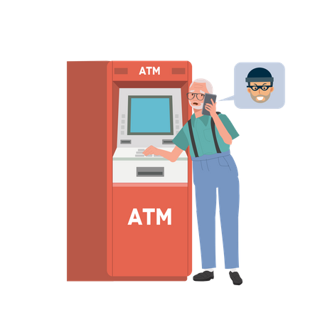 Un estafador engaña a un anciano para que transfiera dinero en un cajero automático  Ilustración