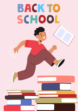 Un estudiante feliz salta sobre libros apilados  Ilustración
