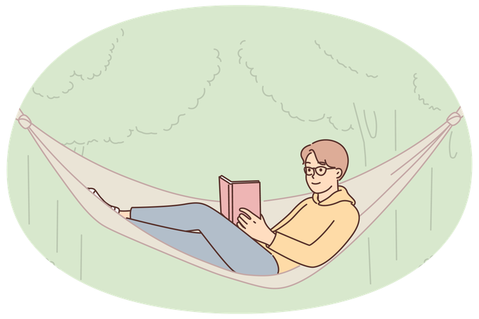 Un étudiant dans un hamac lit un livre et profite des loisirs en plein air dans un parc avec des arbres verts  Illustration