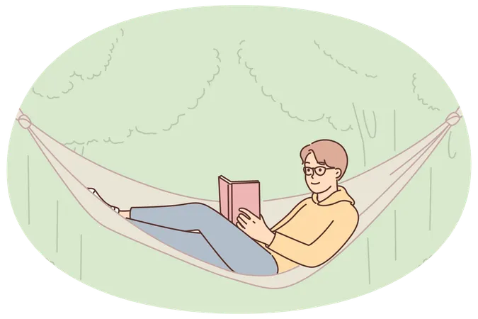 Un étudiant dans un hamac lit un livre et profite des loisirs en plein air dans un parc avec des arbres verts  Illustration