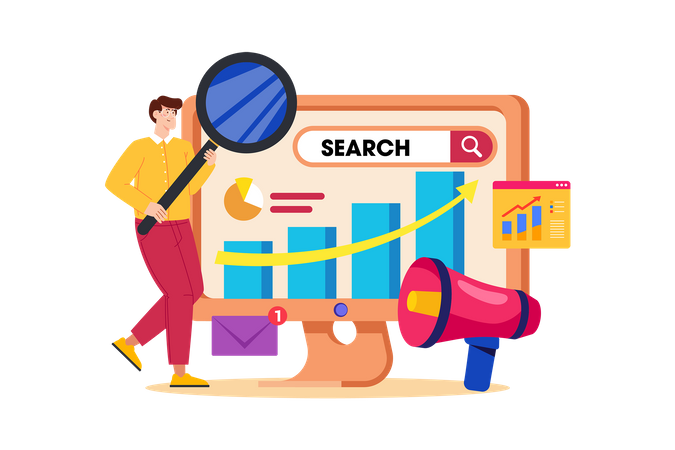 Un spécialiste du marketing sur les moteurs de recherche crée et gère des campagnes publicitaires sur les moteurs de recherche  Illustration