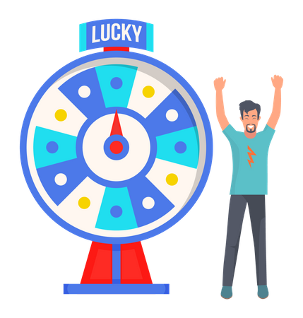 Un garçon a gagné à la loterie en jouant à la roue de la fortune  Illustration