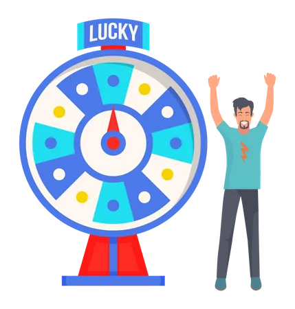 Un garçon a gagné à la loterie en jouant à la roue de la fortune  Illustration