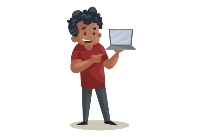 Le garçon de bureau tient un ordinateur portable à la main  Illustration
