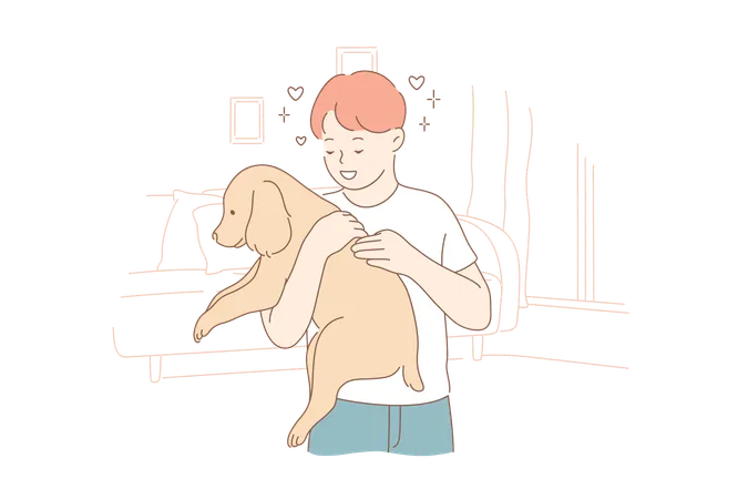 Le garçon embrasse son chien  Illustration