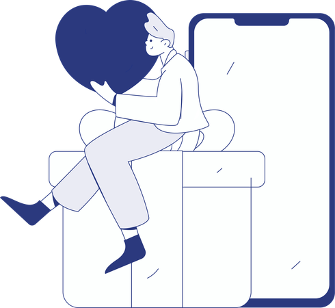 Un garçon envoie son cœur en ligne  Illustration