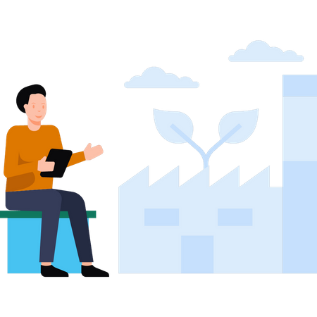 Le garçon est assis à l’extérieur de l’usine  Illustration