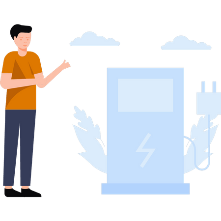 Le garçon se tient à côté d’une station-service écologique  Illustration