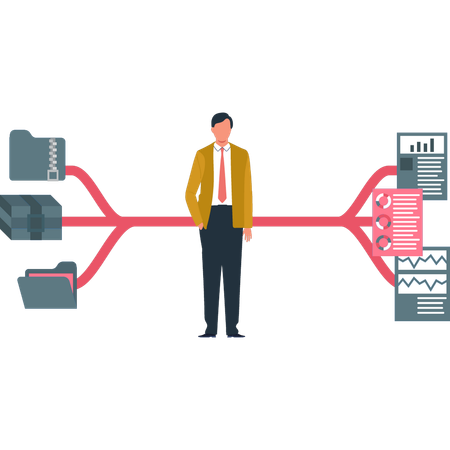 Le garçon se tient au milieu d'une connexion à une base de données  Illustration