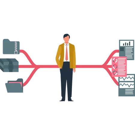 Le garçon se tient au milieu d'une connexion à une base de données  Illustration