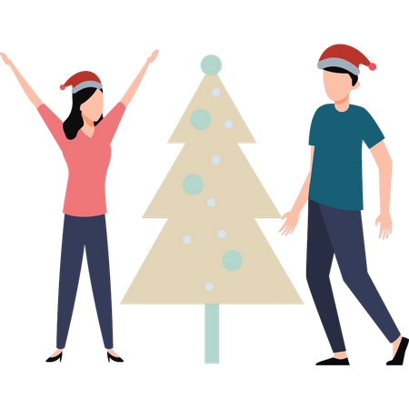 Un garçon et une fille fêtent Noël  Illustration