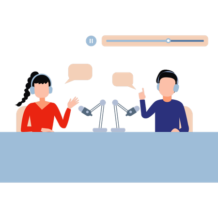 Un garçon et une fille organisent un podcast  Illustration