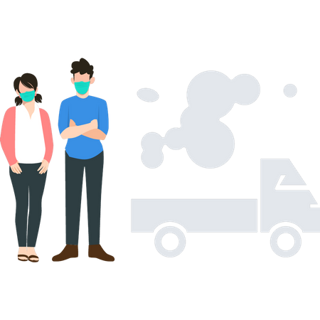 Un garçon et une fille portent des masques pour les protéger de la pollution des véhicules  Illustration