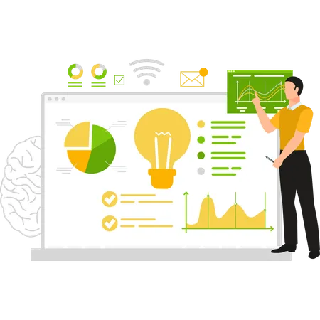 Le garçon explique l'analyse commerciale sur l'écran d'un ordinateur portable  Illustration