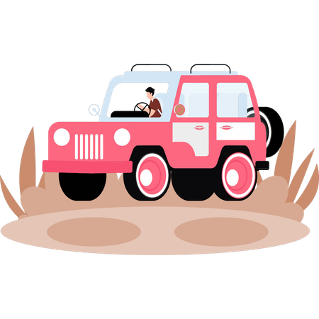 Le garçon fait un safari en forêt en jeep  Illustration