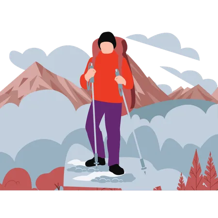 Le garçon fait de la randonnée dans les montagnes enneigées  Illustration