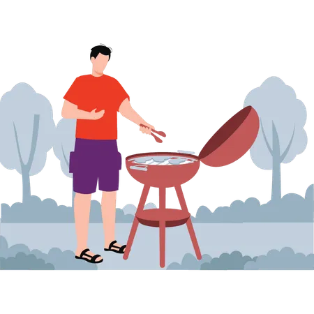 Le garçon fait griller de la viande en camping  Illustration