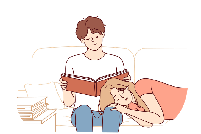 Le garçon lit un livre pendant que la fille dort sur les genoux du garçon  Illustration