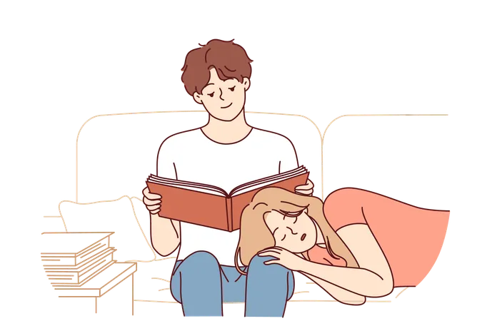 Le garçon lit un livre pendant que la fille dort sur les genoux du garçon  Illustration