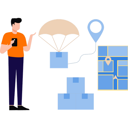 Le garçon livre un colis en parachute  Illustration