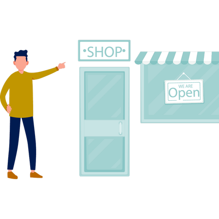 Un garçon met un tableau ouvert devant le magasin  Illustration