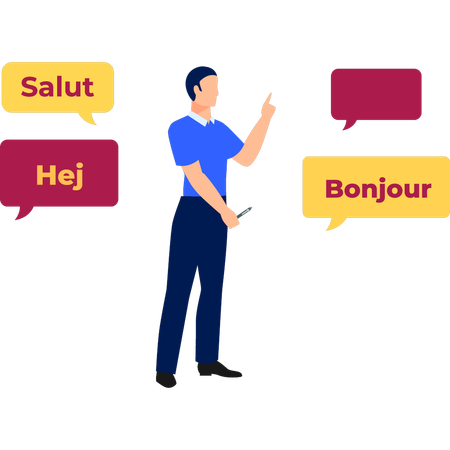 Le garçon pointe du doigt diverses langues étrangères  Illustration