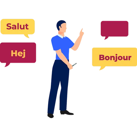 Le garçon pointe du doigt diverses langues étrangères  Illustration